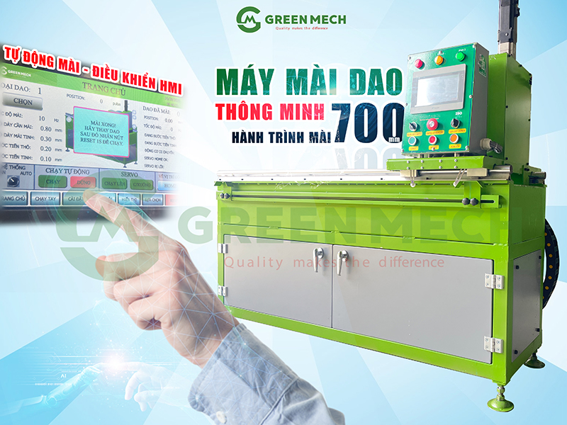 Màn hình điều khiển HMI tích hợp PLC, cho phép cài đặt thời gian, độ dày và hành trình mài chính xác
