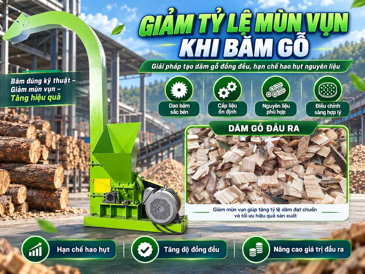 Cách giảm tỷ lệ mùn vụn trong quá trình băm gỗ bằng kiểm soát nguyên liệu, dao băm, cấp liệu và vận chuyển; đo đúng để xác nhận hiệu quả.