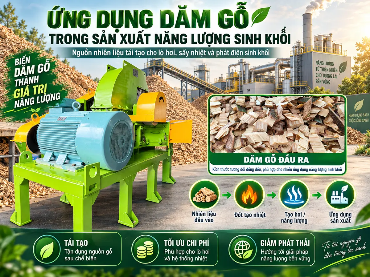 Tìm hiểu dăm gỗ trong sản xuất năng lượng sinh khối: yêu cầu nhiên liệu, tổ chức dây chuyền và cách chọn máy băm phù hợp với hệ thống sử dụng.