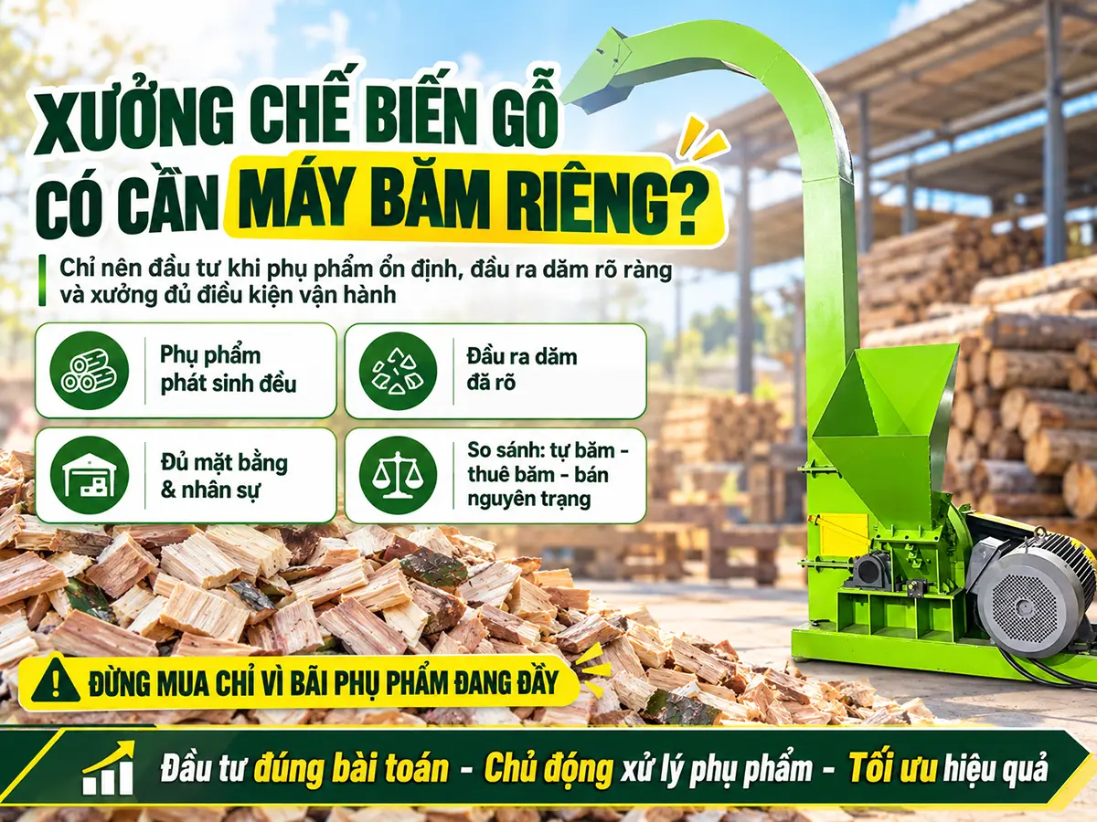 Xưởng chế biến gỗ có cần máy băm riêng? Khi lượng gỗ thừa phát sinh thường xuyên, đầu tư thiết bị phù hợp có thể giúp xưởng chủ động xử lý và tận dụng phụ phẩm để sản xuất dăm gỗ.